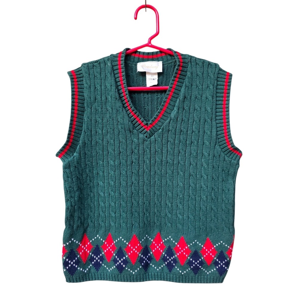 Strasburg Children's Sweater Vest Size 6 Green Cable Knit Argyle Christmas VTG